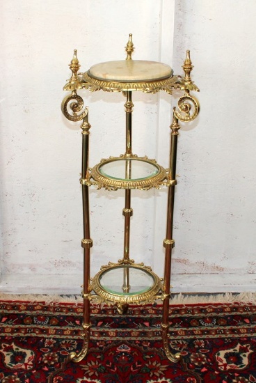 Victorian Brass Three Tier Stand with Marble and Glass Shelf Inserts