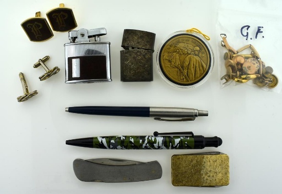 Lot of Mens' Interest Items: Knives, Money Clip, Pens, Lighters (1 Silver), Cufflinks & More