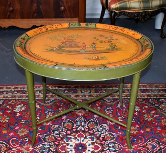 Chinoiserie Hand Painted Oval Accent Tray Table