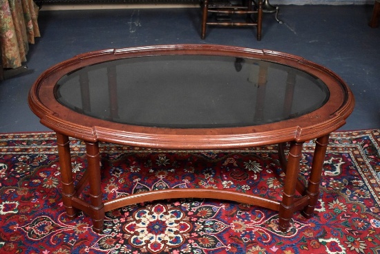 Oval Burl Walnut Coffee Table with Dark Tinted Glass Top