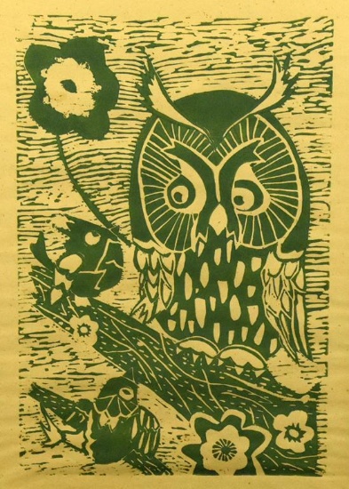 Owl Linocut Print in Green, Framed