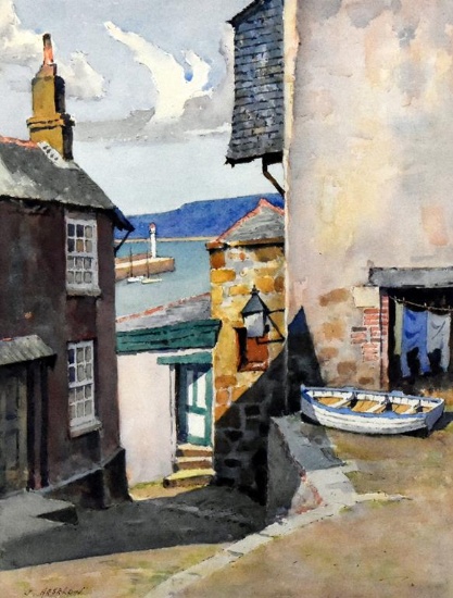 James Marshal Heseldin (English,1887-1969) Seaside Street Scene, Watercolor, Signed