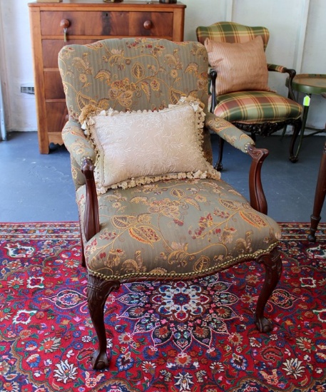 Fine Ball And Claw Foot Carve Wood Armchair with Green & Rust Upholstery and Nailhead Trim