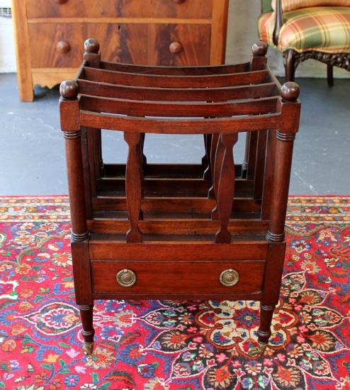 Antique Sheraton C. 1830 Mahogany Canterbury with Brass Caster Feet