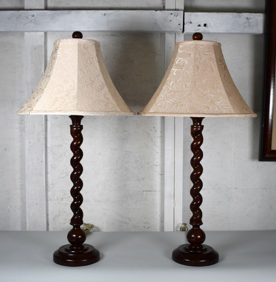 Pair of Barley Twist Sideboard Lamps with Silk Damask Shades