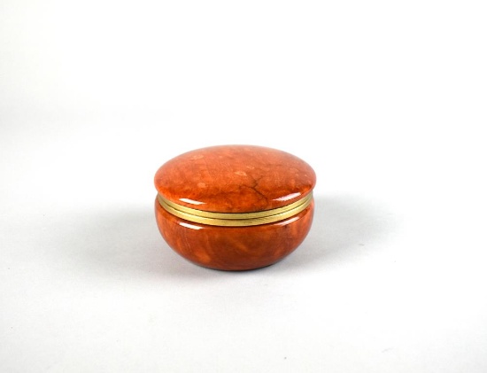 Italian Burnt Orange Alabaster Round Box with Brass Fitting