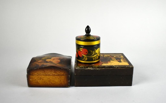 Lot of Three Small Tole Wooden Boxes: USSR, Italy, & Other