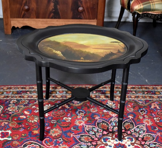 C. 1850 Hand Painted and Black Lacquer Papier Mache Tray with Custom Made Black Lacquer Stand