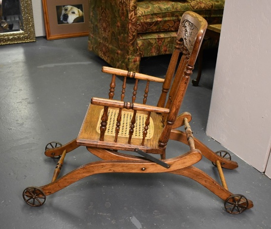 Antique Pressed Oak Convertible Highchair and Stroller with Caned Seat