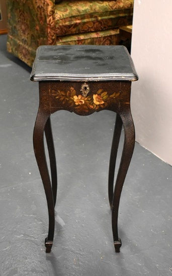 Hand Decorated Black Lacquer Stand with Storage Compartment under Hinged Top