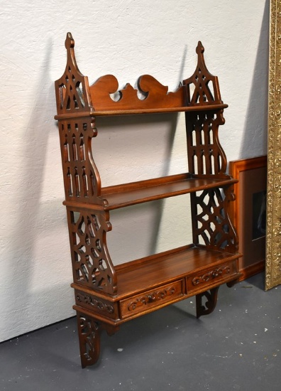Carved Mahogany Wall Curio Shelf with Two Drawers