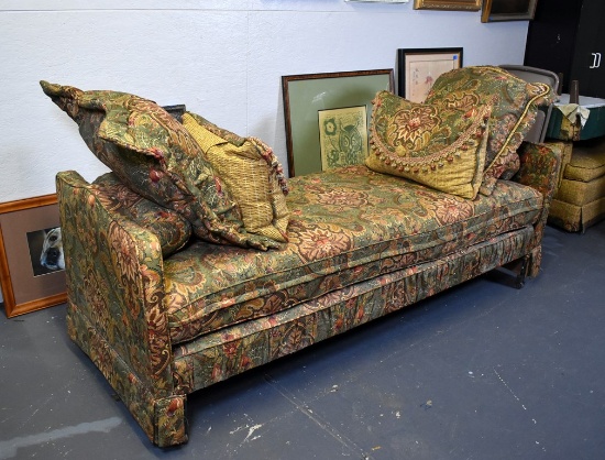 Antique Fainting Couch or Day Bed with New Floral Upholstery and Cushions