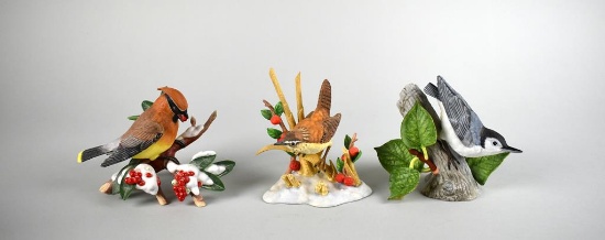 Three Lenox Porcelain Bird Figurines: Cedar Waxwing, Marsh Wren, & White-Breasted Nuthatch