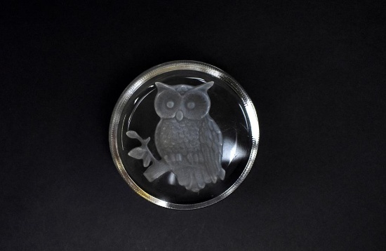 Round Clear Glass Owl Reverse Etched Intaglio Paperweight
