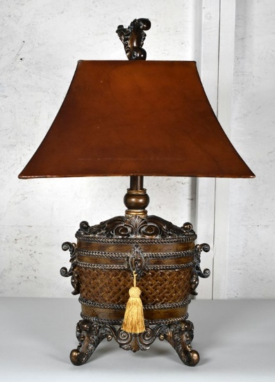 Antiqued Brass Finish Table Lamp with Rust Color Shade