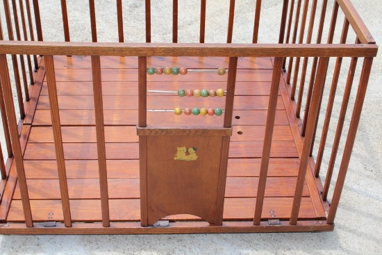 Antique Folding Baby Playpen with Stenciled Decoration and Beads