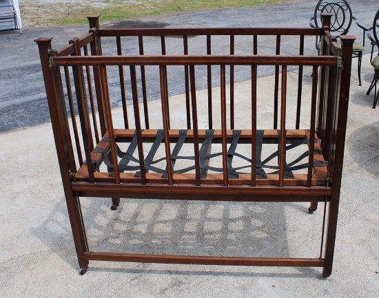 Antique Folding Baby Crib with Inlay Banding