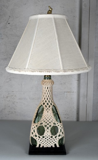 Green Glass Bottle in Macrame Suit Table Lamp with Canterbury Shade