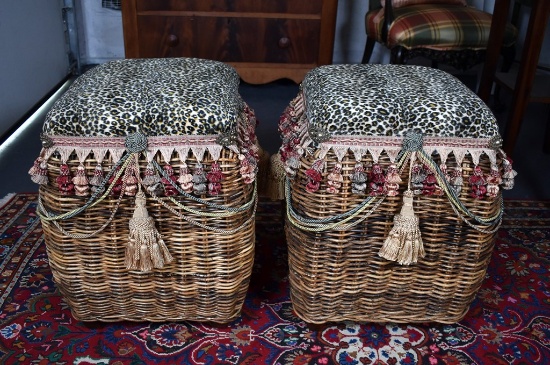 Pair of Wicker Stools with Animal Print Upholstered Cushion Tops and Tassels