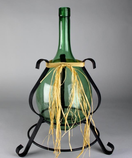 Green Glass Demijohn with Black Metal Stand