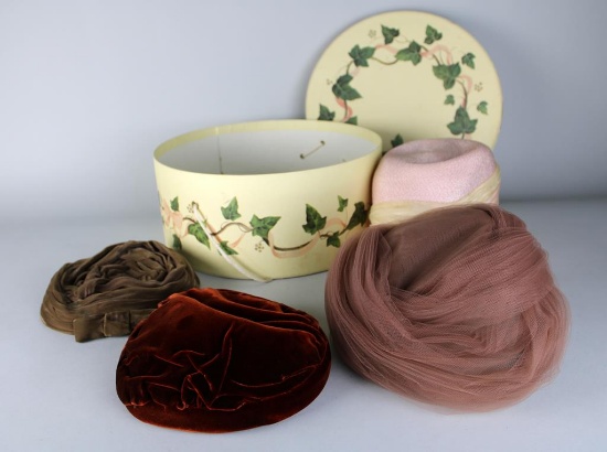 Four Vintage Ladies Hats: Reggi Wilshire, Bergdorf Goodman, Frank Olive & Other with Hat Box