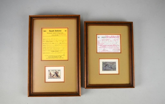 Two Framed 1981 Small Game Hunting Licenses with Stamps: South Dakota & Arkansas