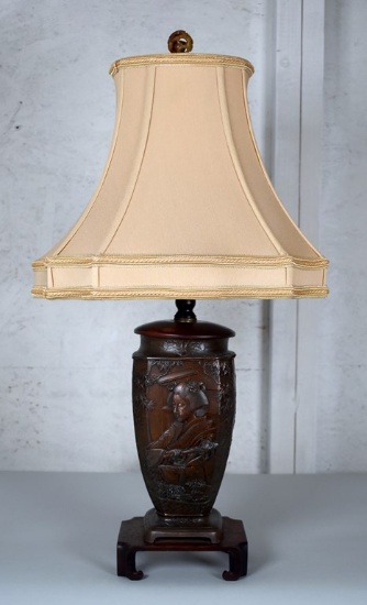 Bronze Finish Chinoiserie Table Lamp with Silk Shade