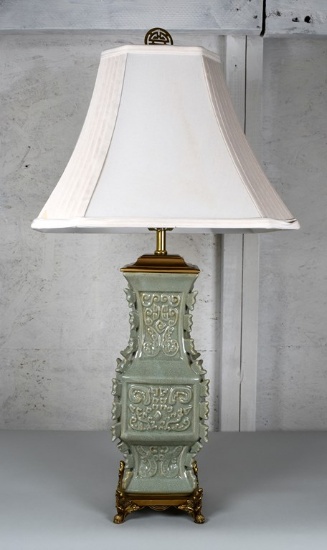 Celadon Ceramic Chinoiserie Table Lamp with Silk Shade