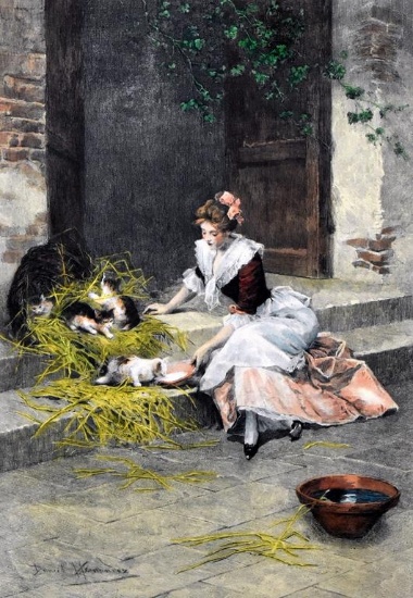 Daniel Hernandez (Peruvian, 1856-1932)  “Mes Chats” Hand Tinted Engraving