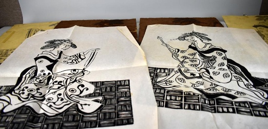 Two Oriental Lady Linotype Prints, Linotype Blocks and Original Sketchings
