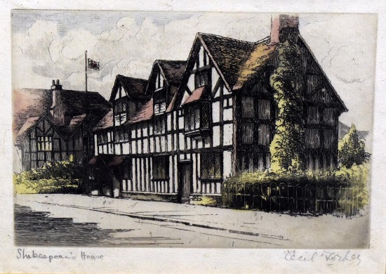Cecil Forbes (XX), “ Shakespeare's House” Tinted Etching, Signed