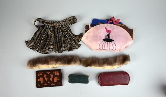 Lot of Vintage Accessory Pieces: Tie, Handkerchiefs, Fur Cuffs, Calling Card Case, & Others