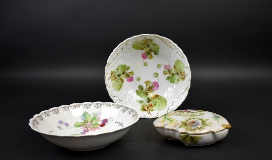 Three Antique Porcelain Pieces: Two Bowls (German & Other) and Covered Leaf-shaped Dish