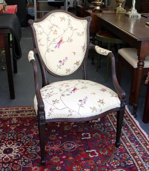 French Style Carved Armchair with Embroidered Bird and Vine Upholstery