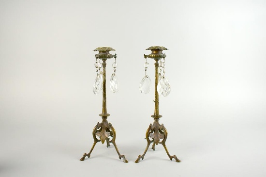 Pair of Elegant Brass Candlesticks with Prisms, Hoof Feet