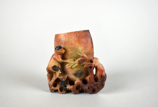 Vintage Asian Hand Carved Soapstone Vase with Monkey