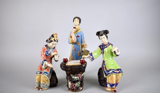 Lot of Four Chinese Shiwan Wucai Porcelain Ladies Figurines