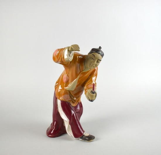 Chinese Man with Long Braid & Cap Holding Candle Figurine
