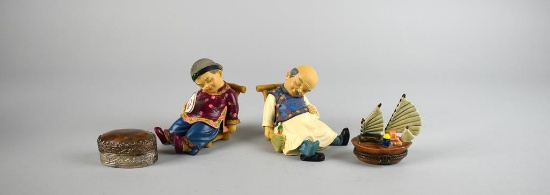 Lot of Four Chinese Collectibles: Two Reclining Figurines & Two Trinket Boxes