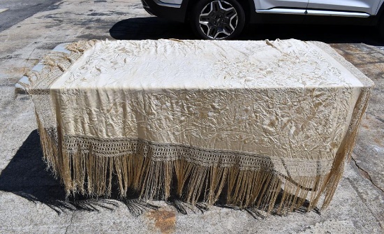 Antique 19th C. Chinese Silk Embroidered Reversible Shawl with Knotted Fringe, Appraisal