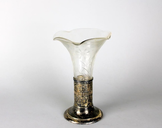 Etched Glass Vase in Silver Plate Stand