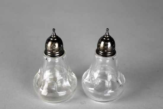 Pair of Vintage Sterling Silver Topped Glass Salt & Pepper Shakers
