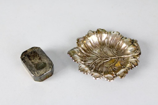 Two Silver Items: Antique Birmingham Sterling Snuff Box and Silver Plate Leaf Dish