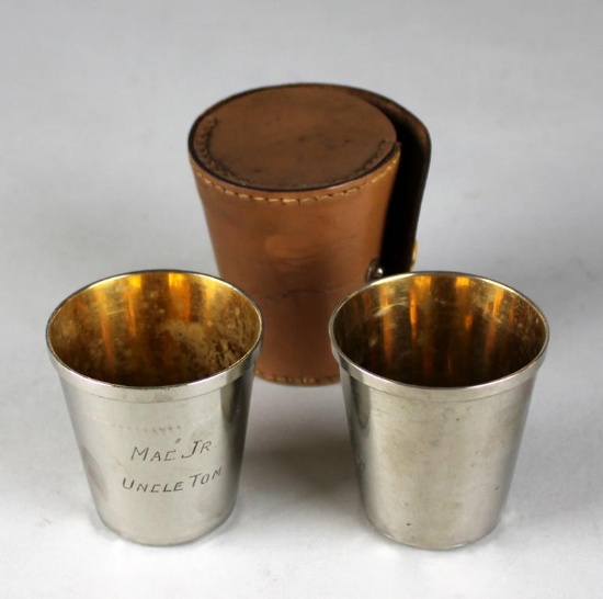 Pair of Silver Plate Shot Glasses and Leather Pocket Wrapper