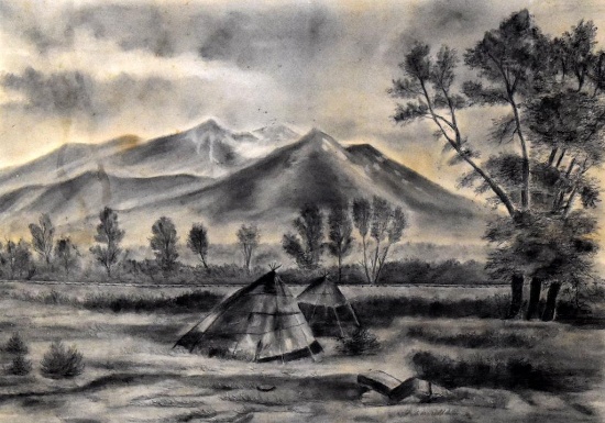 Unsigned (XIX-XX) Native American Landscape Drawing, Framed