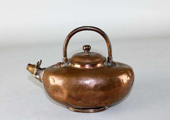 Primitive Antique Copper Kettle with Bull Head Spout