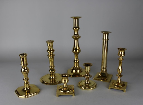 Lot of Seven Brass Candlesticks of Various Sizes from Multiple Makers