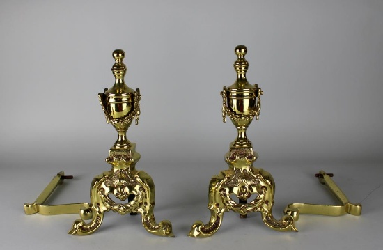 Vintage Pair of Brass Andirons, Polished and Lacquered