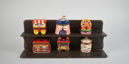 Lot of Six Circus / Carnival Themed Trinket Boxes with Trinkets & Wooden Display Shelf