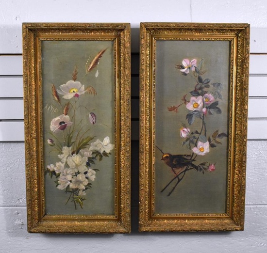 Unsigned (XIX-XX) Antique Pair of Oil on Canvas Panels in Gilt Wooden Frames